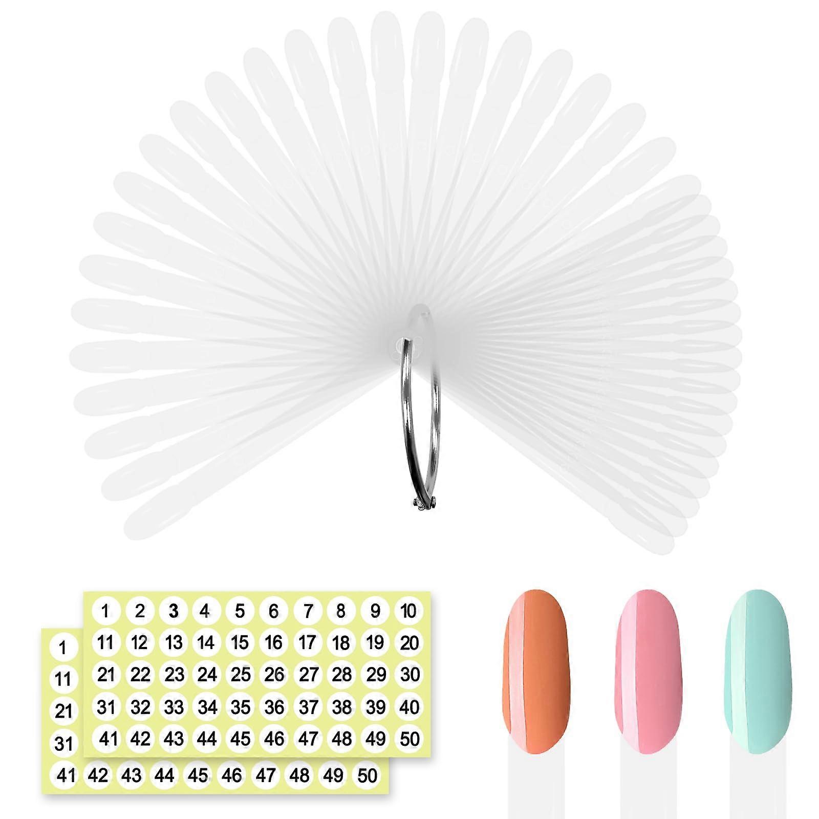 50 Pcs Clear Oval Nail Swatch Sticks with Ring and Numbered Tips for Easy Acrylic Color Display