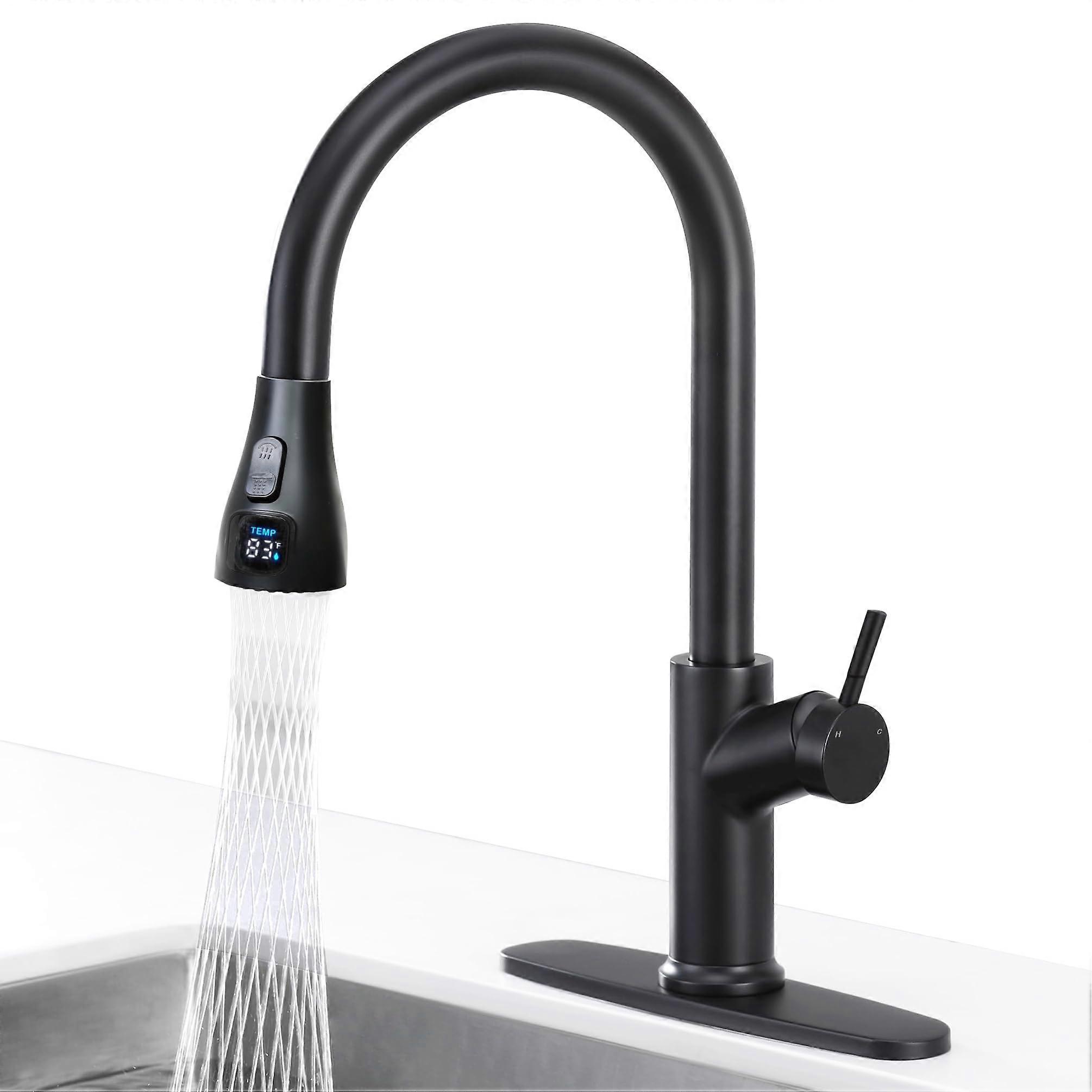Black Kitchen Faucet with Pull Down Sprayer, Digital Temperature Display, Single Handle 360° Swivel