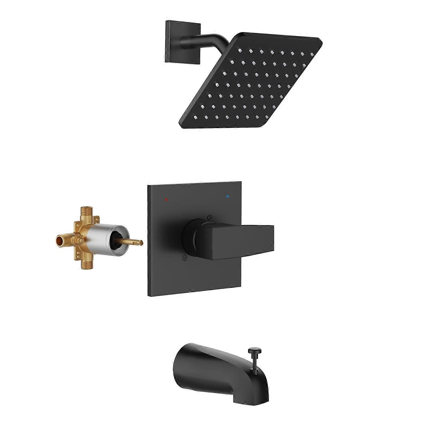 Black Shower Faucet Set with Valve, Matte Black Rain Shower and Tub Spout Kit with Diverter
