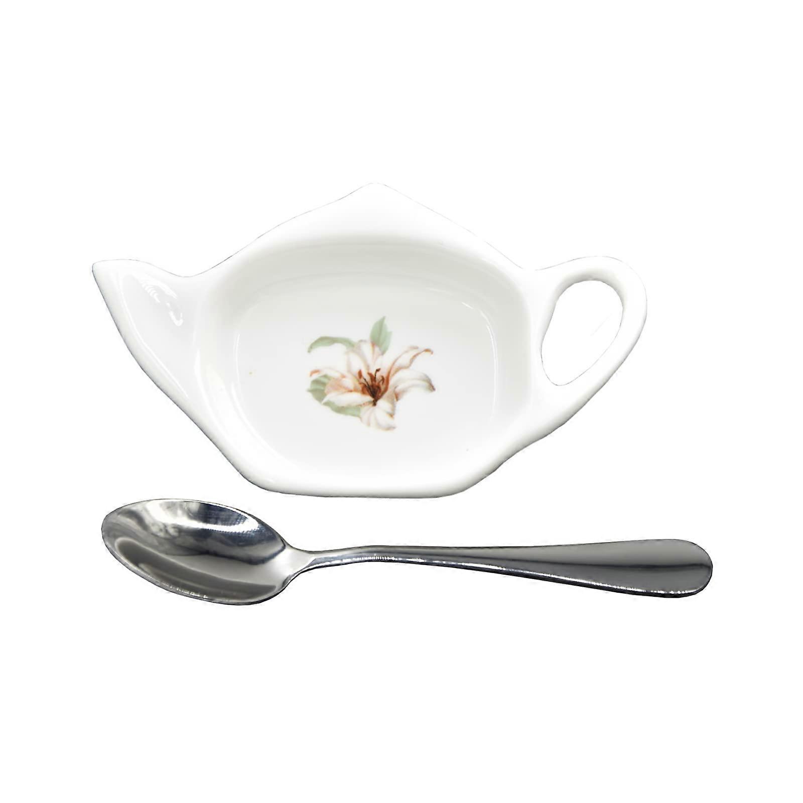Ceramic Teabag Holder Teapot Shape Tray with Spoon Keeps Surfaces Clean 4.5 Inches