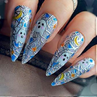 Halloween Press On Nails Set Long Stiletto Fake Nails with Ghost and Silver Design 24Pcs
