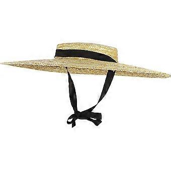 Chapéu de palha feminino vintage estilo boater, aba larga e plana, modelo floppy derby, para praia e sol, com tira para o queixo. Aba: 12 cm, bege.