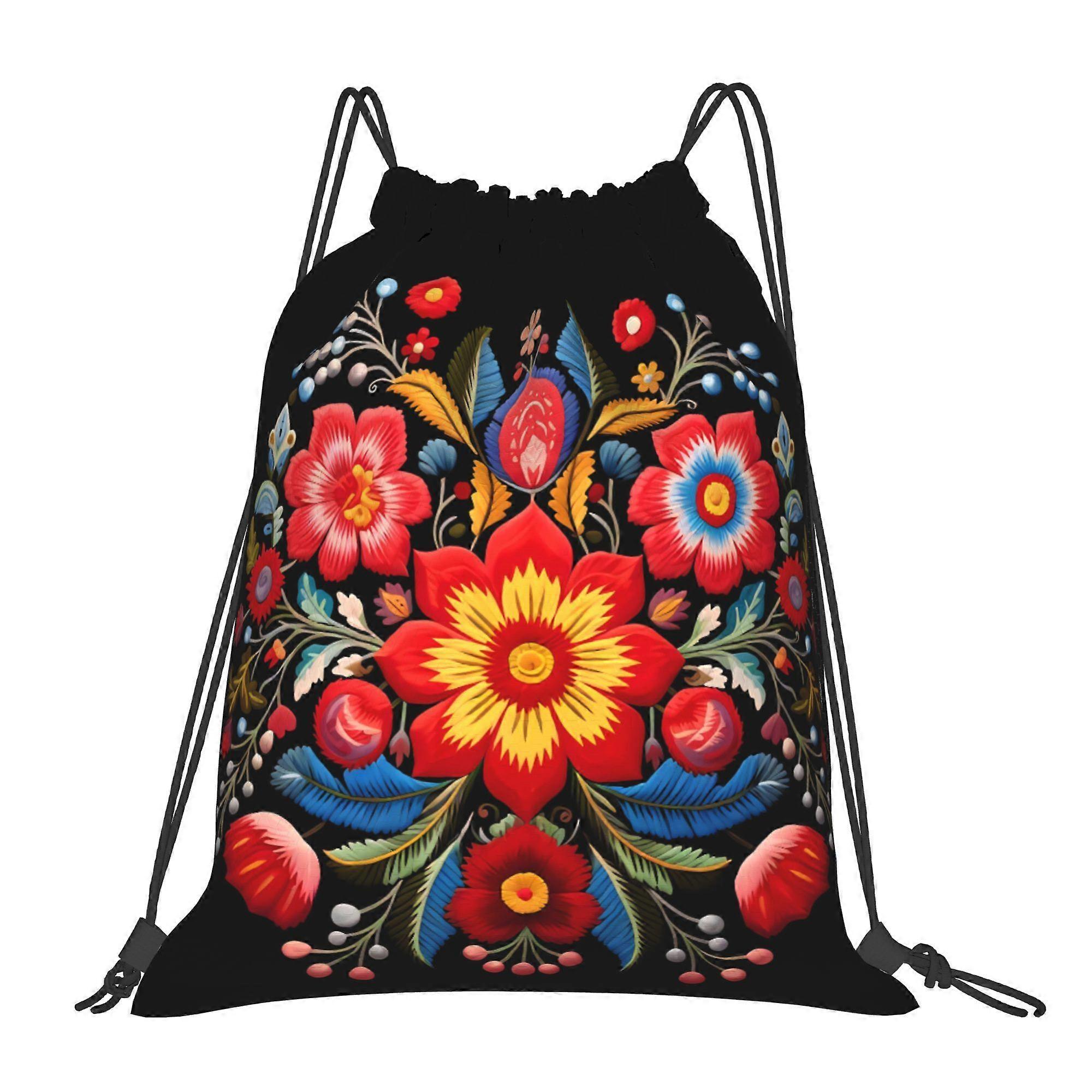 2D Flat Drawstring Bag, Floral Embroidery Drawstring Pouch Backpack-Cqazw
