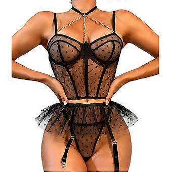Dam Snörning V-ringad underkläder Nattkläder Pyjamas Sexig Sexig Strappy BH Trosset 2-delat Spaghetti Axelband Nattlinne Dräkt Svart