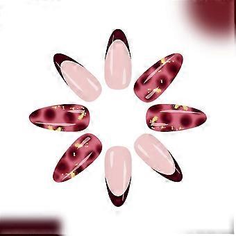 Metallic Gold French Press On Nail Burgundys Glitters Rhinestones 24pcs Reusable ABS Material False Nail Multicolor SL