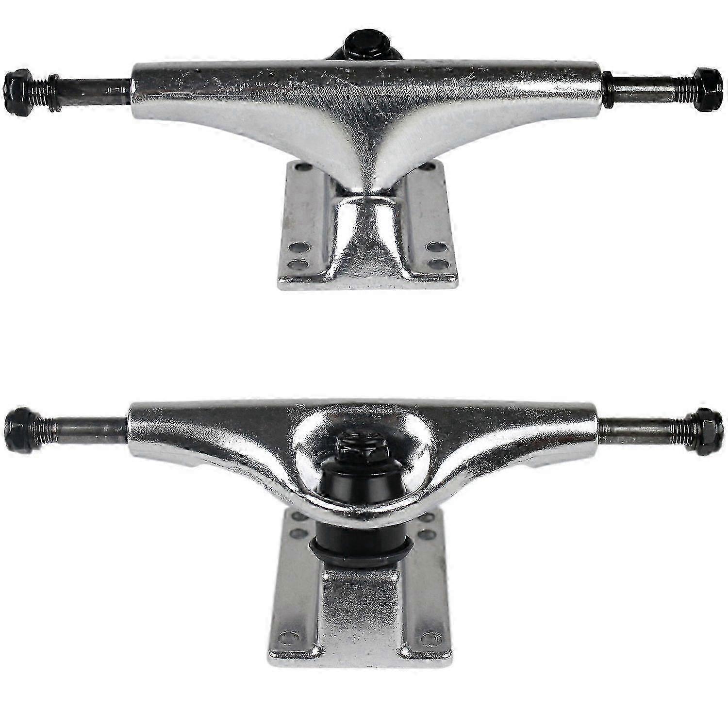 Eixos de skate prateados compatíveis com skatistas de 5 polegadas.