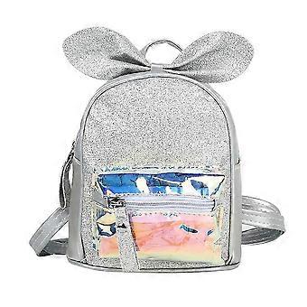 Kids Bow-Knot PU Backpack, Silver, Adjustable Shoulder Straps, Large Storage, for Outdoor Travel Daily Casual, 18 x 20 x 10 cm, 1 Pack