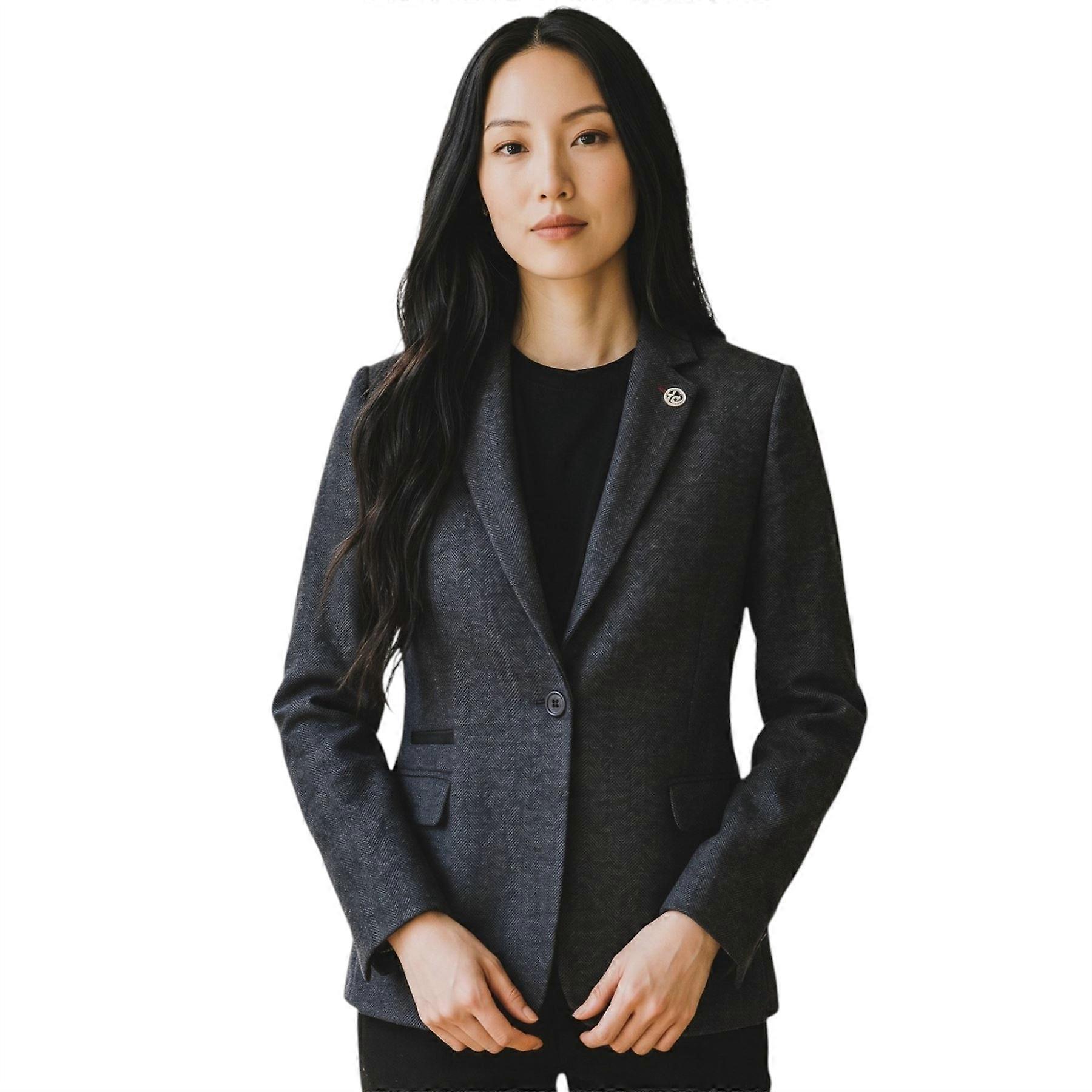 Women's Black Wool Tweed Herringbone Check Smart Blazer Jacket