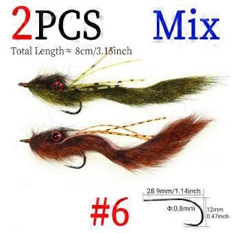 2 esche artificiali a forma di mosca per la pesca, adatte per trote e persici. Ideali per la pesca in acque dolci e salate, con occhi a forma di pesi e coda di scoiattolo, perfette per la ricerca sul fondo.