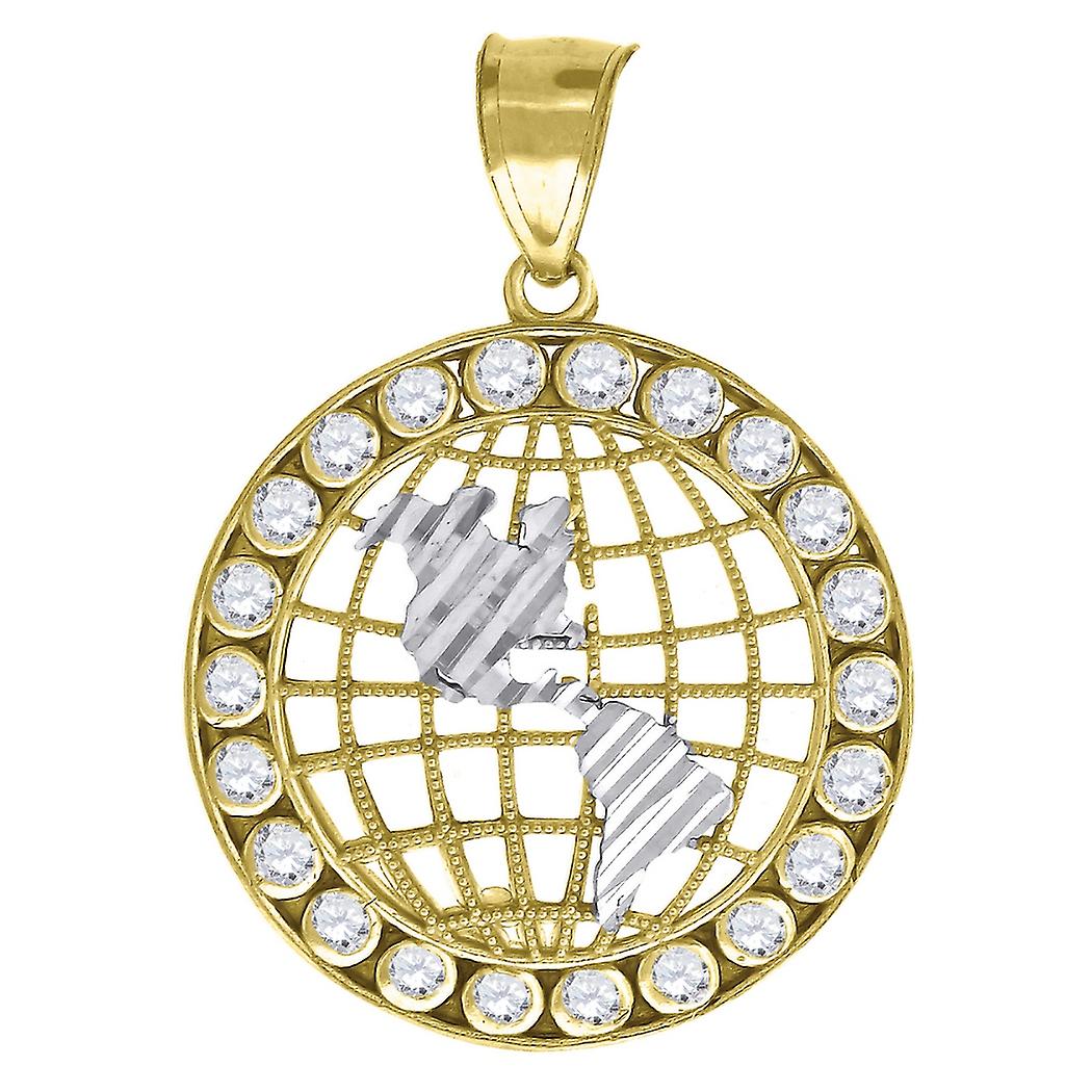 10k Gold Two tone Cubic Zirconia Dc Mens Earth Map Height 36mm X Width 26.1mm Globe Charm Pendant Necklace for Men