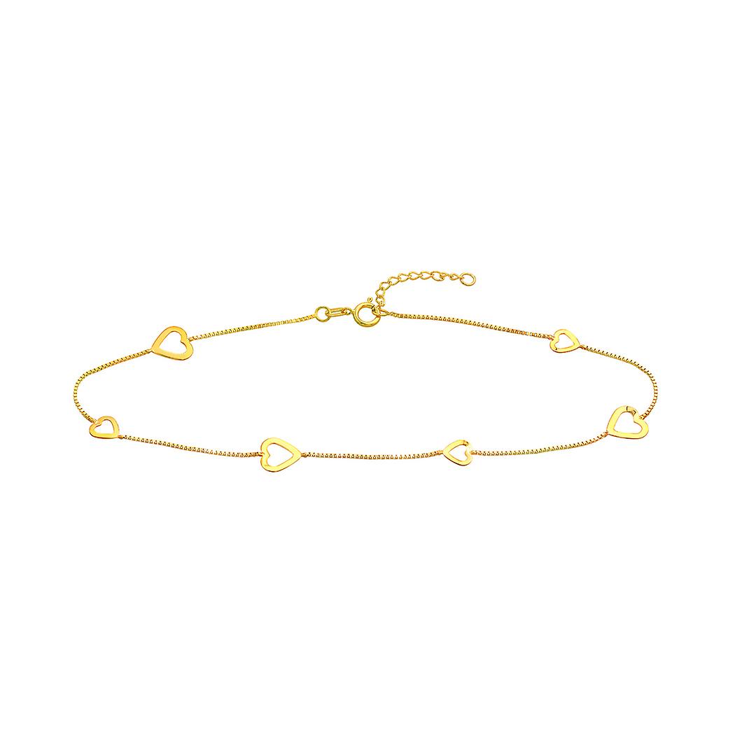 14k Yellow Gold Box Chain Alternating Small Large Open Love Heart Anklet 10 Inch-Anklet for Women and Men