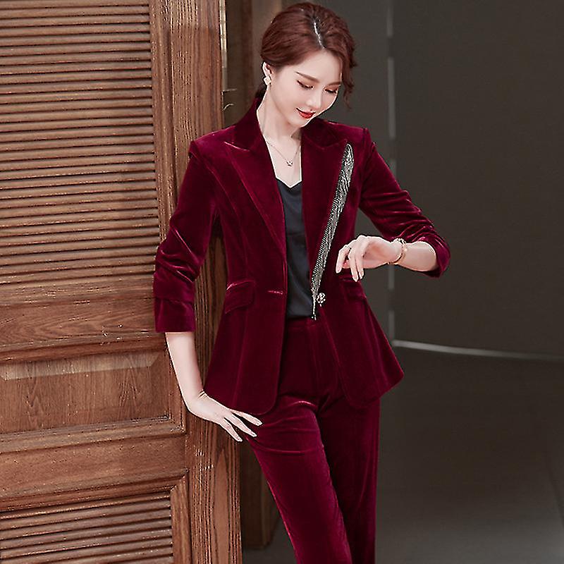 קהה חושים נשים כפתור קטיפה בלייזר מעיל רזה דש מזדמן משרד Jacketsuit + מכנסיים