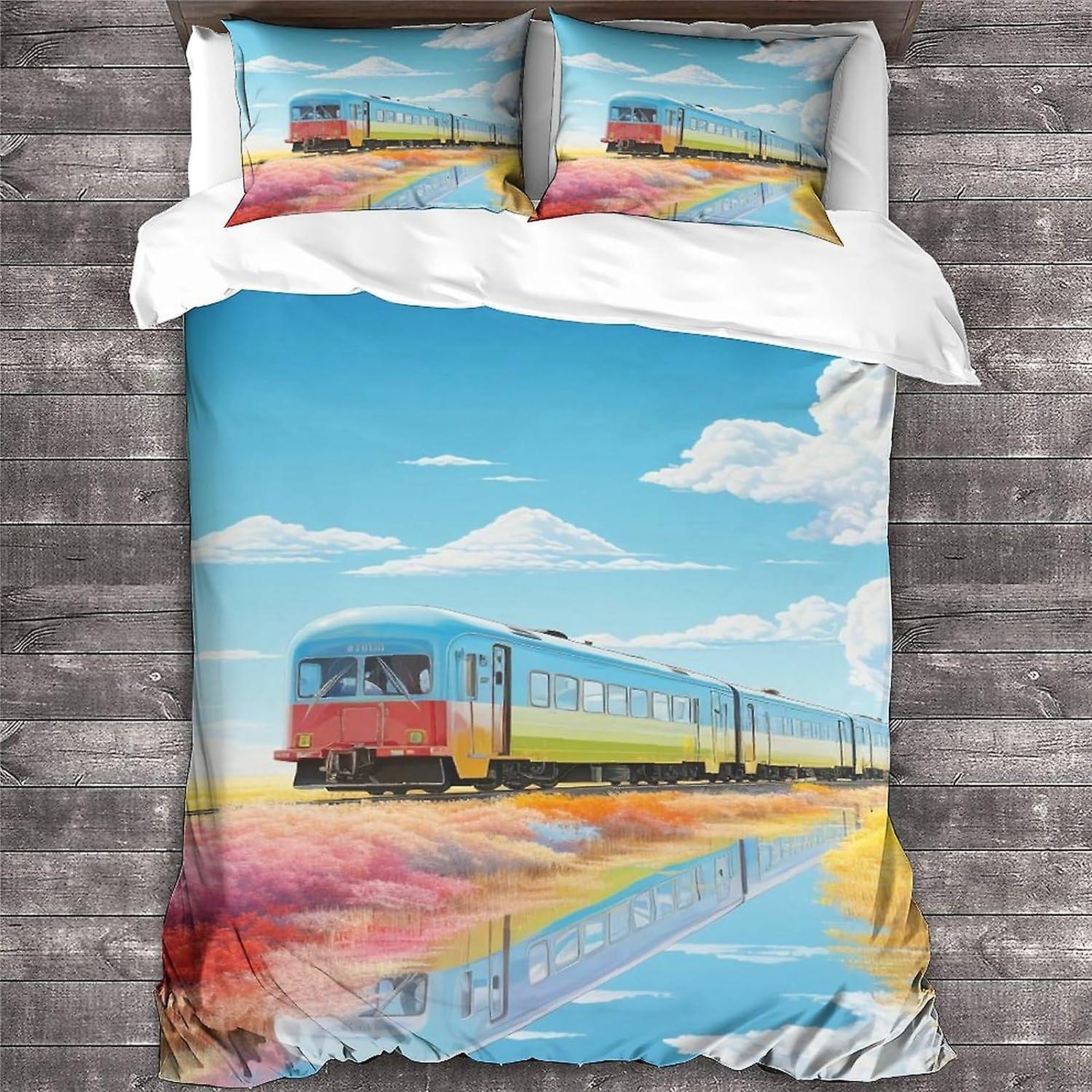 ARIJORJA tåg Sängkläder Påslakan 3D Cartoon Printed Quilt Påslakan med dragkedja, tecknad sängkläder dubbel