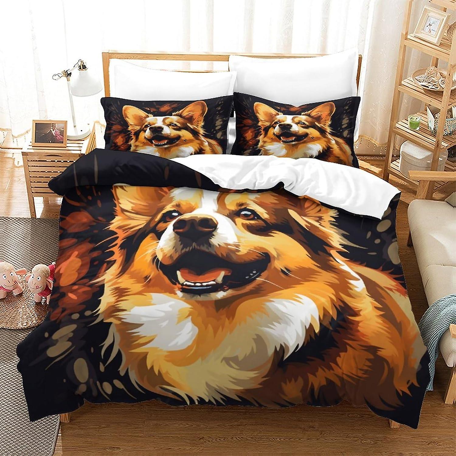 HOUKIG 3 Piece Oil Painting Corgi Comforter Set 3D Cute Printed Bedding Comforter Set with Zip Closure for Girls, Super Soft Microfibre Bedding