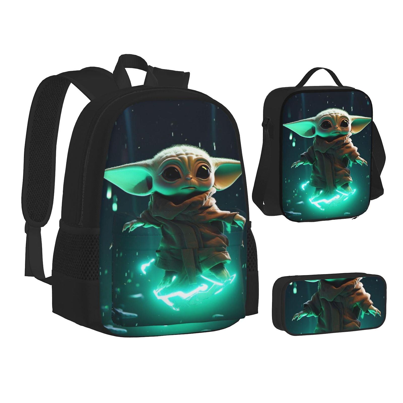 Yo-da Cartoon 3 قطع حقيبة ظهر مدرسية خفيفة الوزن حقيبة كتب مدرسية صندوق غداء حقيبة قلم رصاص حقيبة نهارية كبيرة