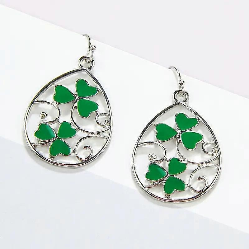 St. Patrick's Day Shamrock Hollow Carved Tear Drop Earrings