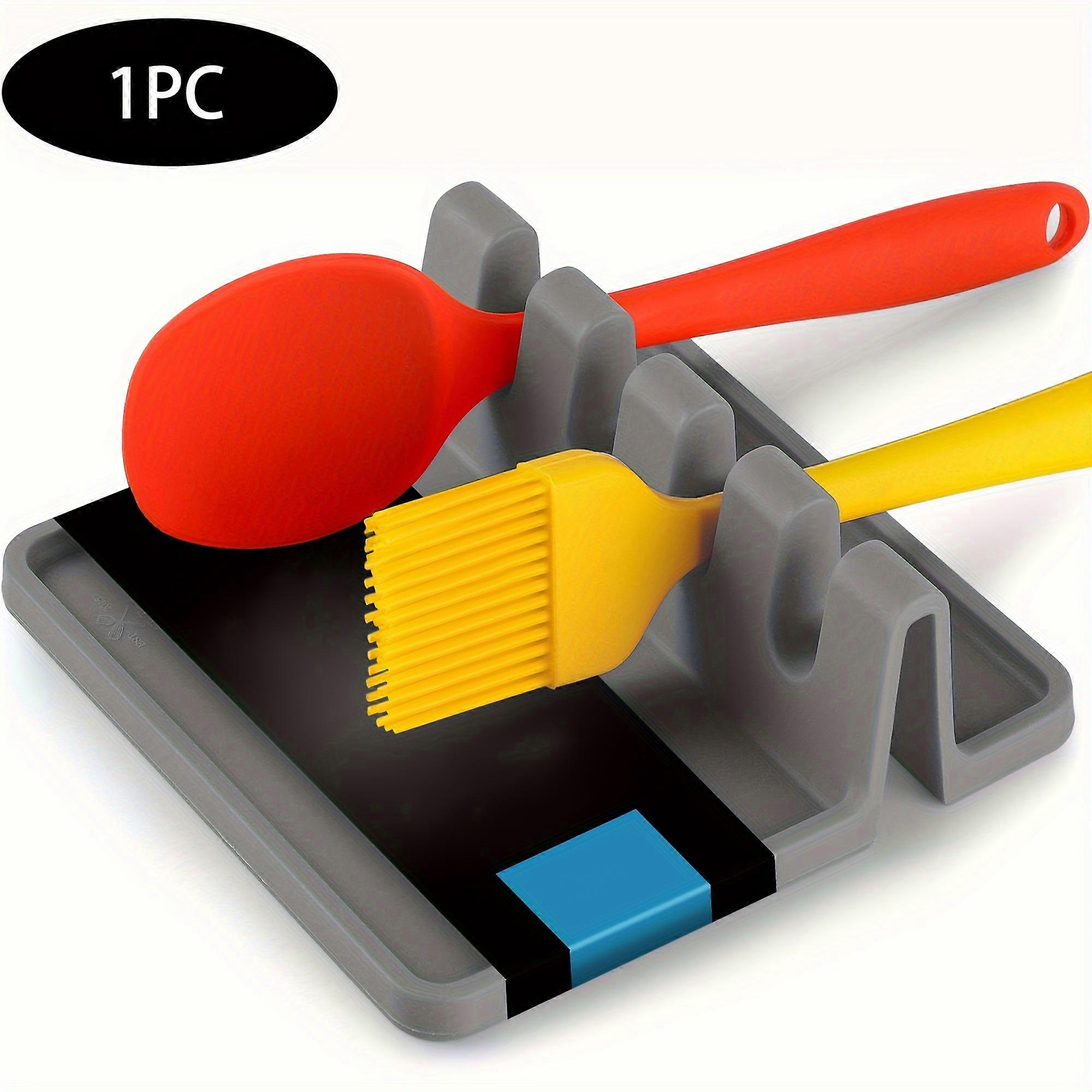 Silicone Kitchen Utensil Rest, Heat-Resistant Spoon Holder, Bracket Shelf Organizing Rack, BPA-Free Cooking Tool Pad with 4 Slots for Spatulas, Brushe
