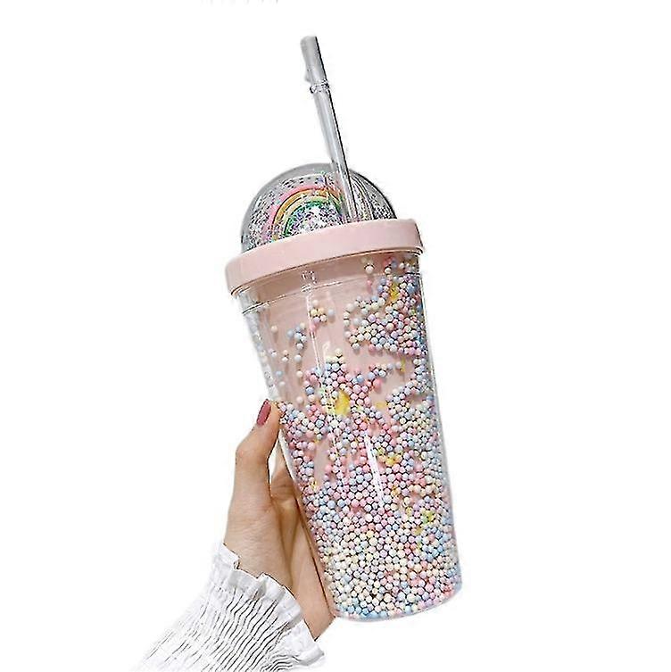 Double Layers Rainbow Plastic Water Bottle With Straw Creative 550ml Mug