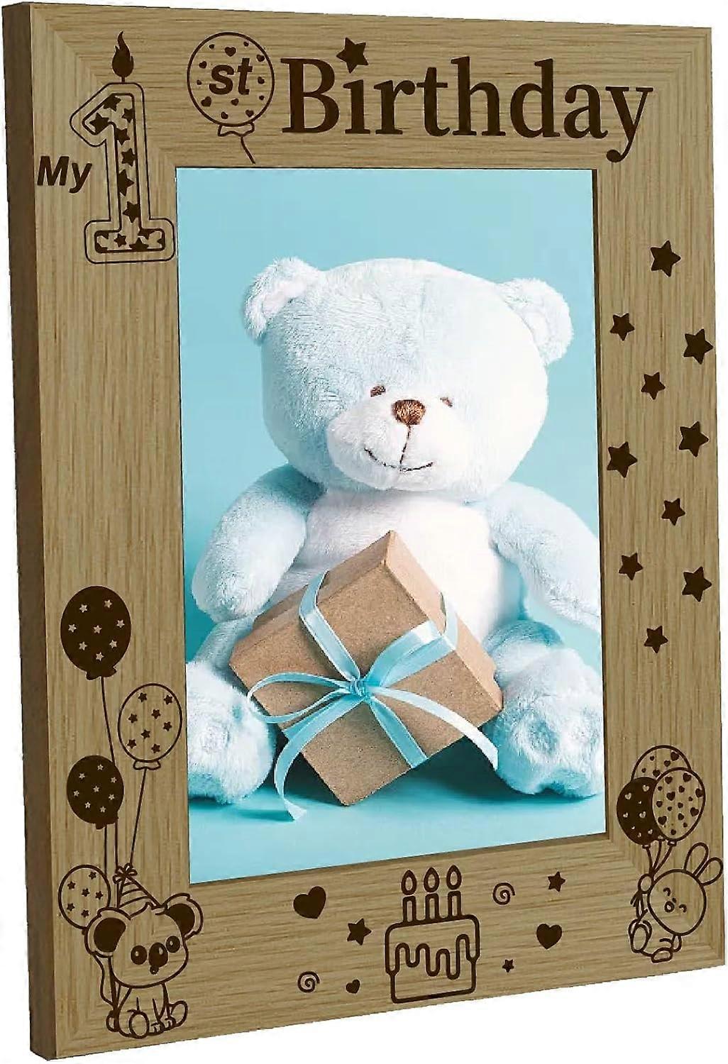 My First Birthday Picture Frame 1st Birthday Wood Photo Frames Engraved Display 4x6 Vertical Wooden Tabletop Postcard Frame for Hanging Wall Gallery B