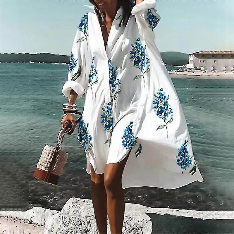 Vrouwen Revers Hals Zomer Strand Sundress Casual Vakantie Midi Jurk Bloemen  print Shirt Jurken