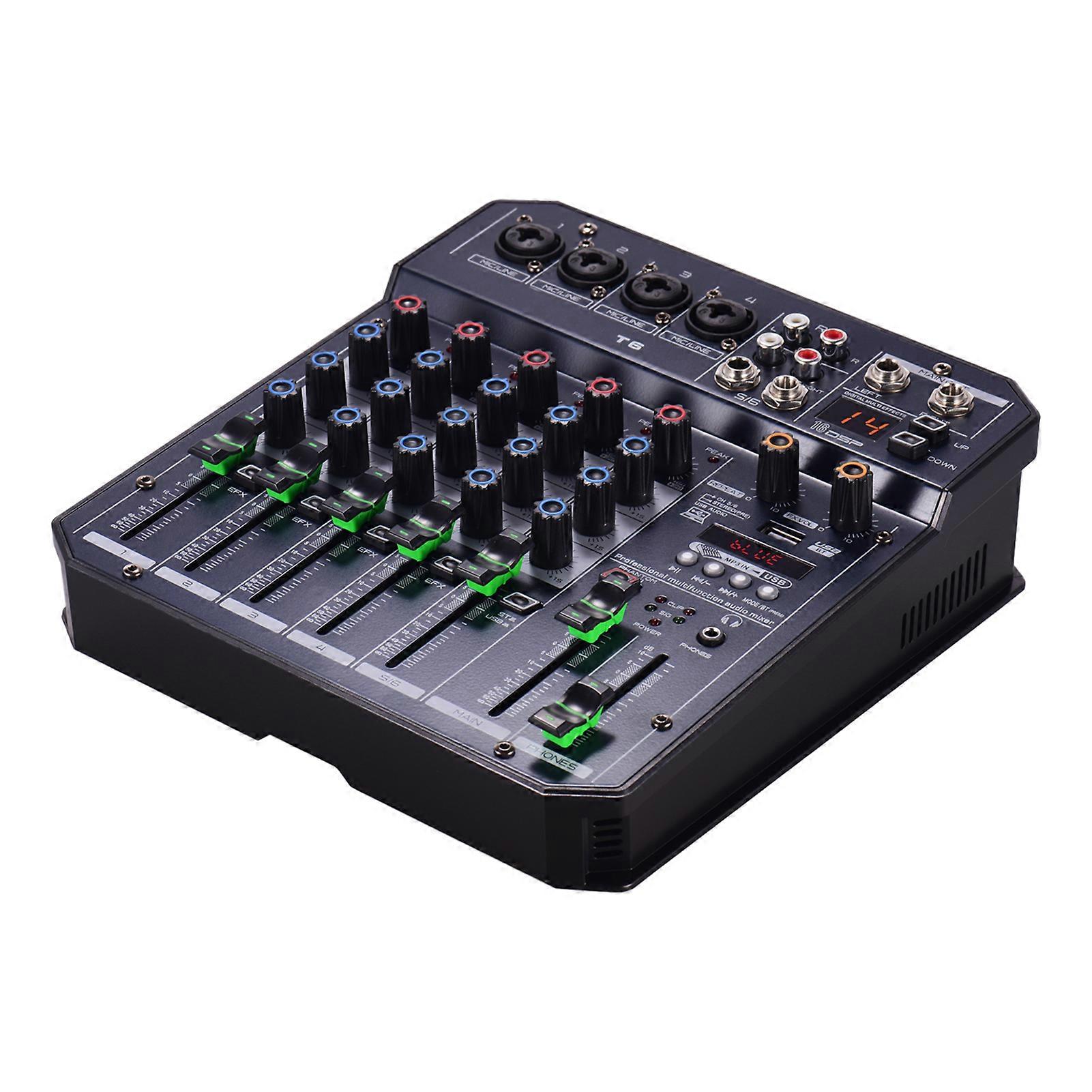 T6 Portable 6-Channel Sound Card Mixing Console Audio Mixer Built-in 16 DSP 48V Phantom power Supports BT Connection MP3 Player Recording Function 5V
