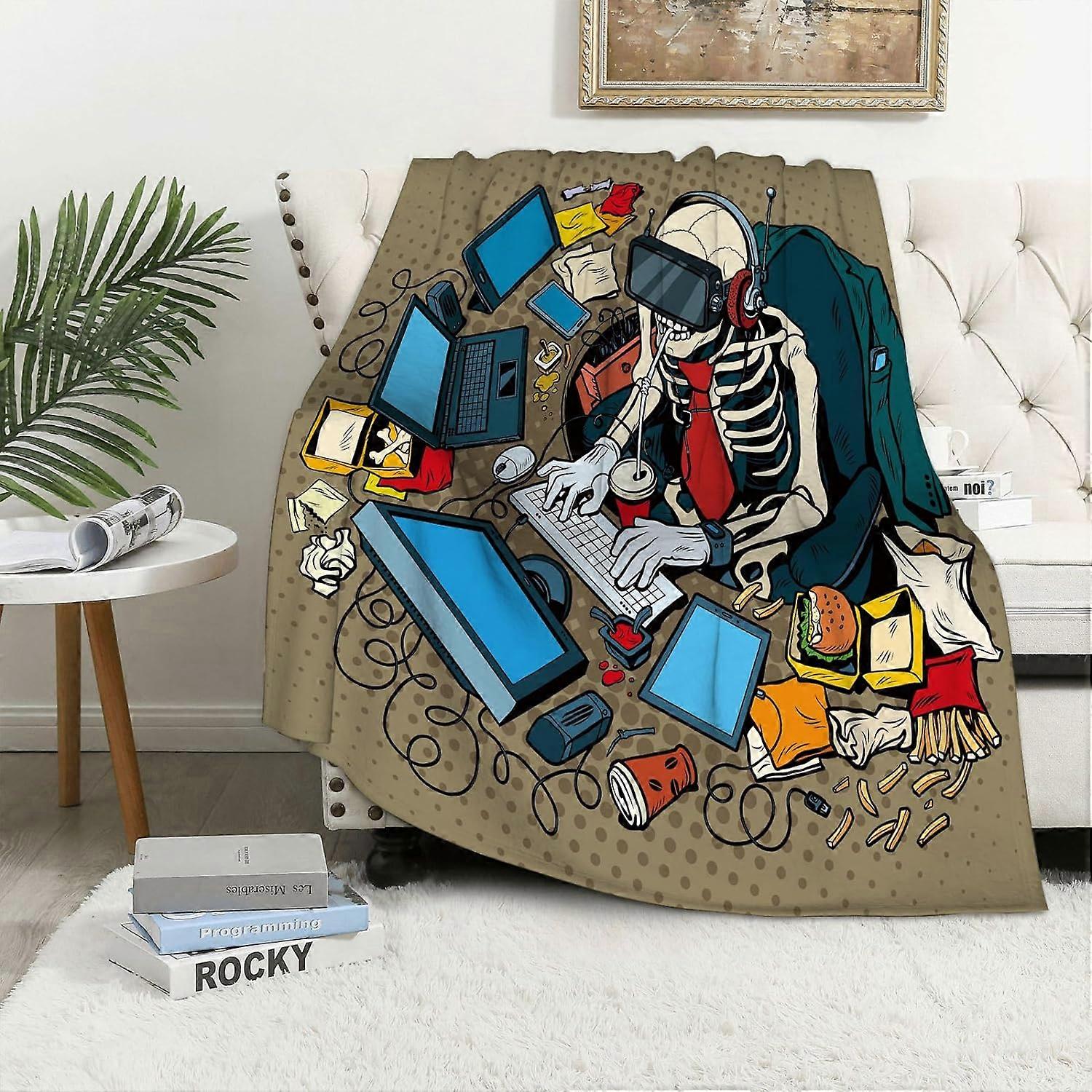 Sofá cobertor Realidade Virtual Pop Art Ilustração Retrô do Homem Esqueleto Trabalhando no Computador. Hacke flannel cobertores, joga para sofá cama fofa cobertor