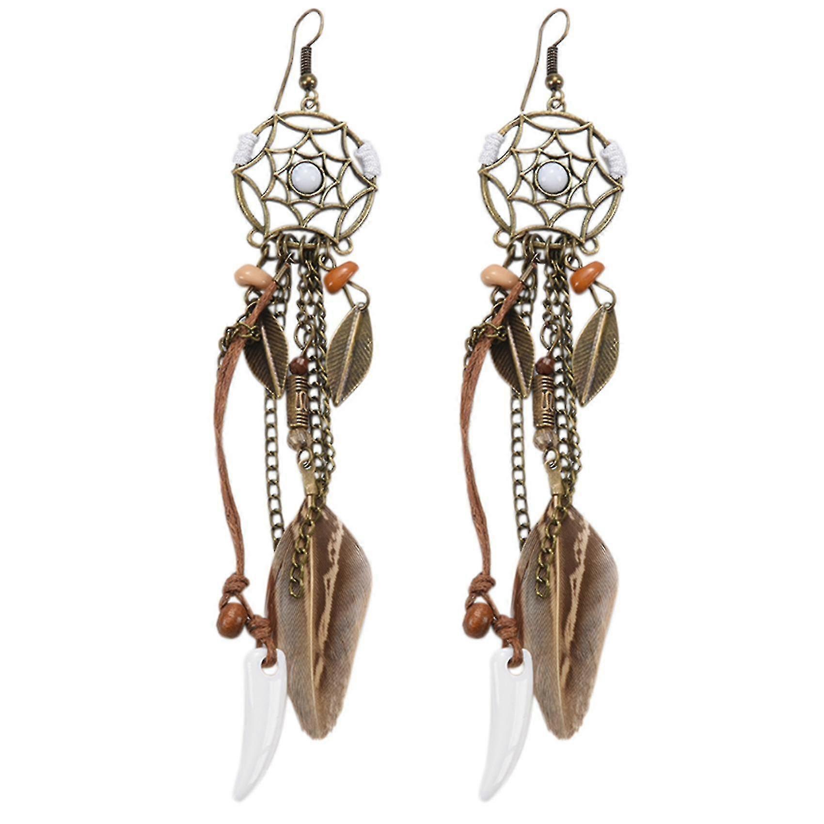 Jewelry Brown Long Feather Dreamcatcher Earring Jewelry Boho Style