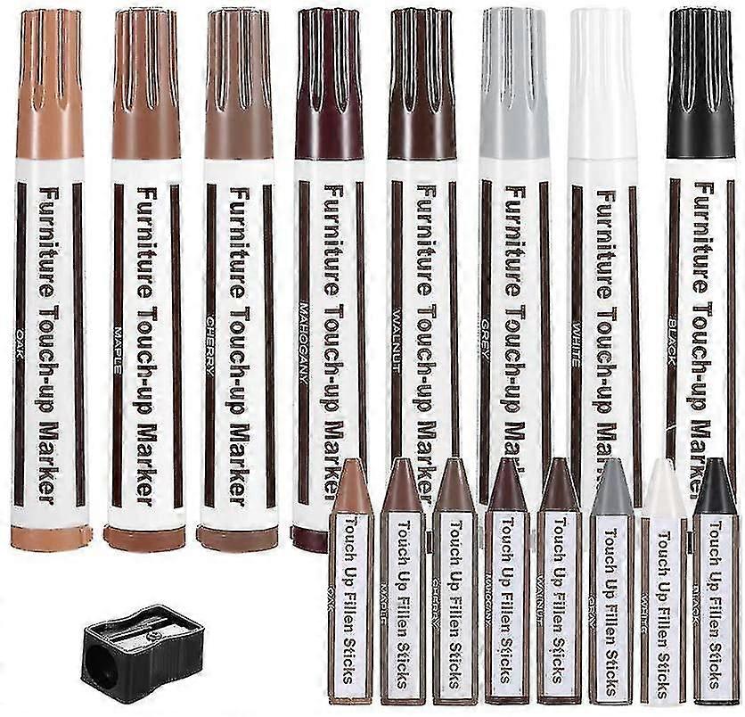 Furniture Repair Kit,Wood Touch Up Pens,Laminate Scratch Repair,Wax For Wood Repair,Furniture Markers Touch Up,Set Of 17-Markers And Wax