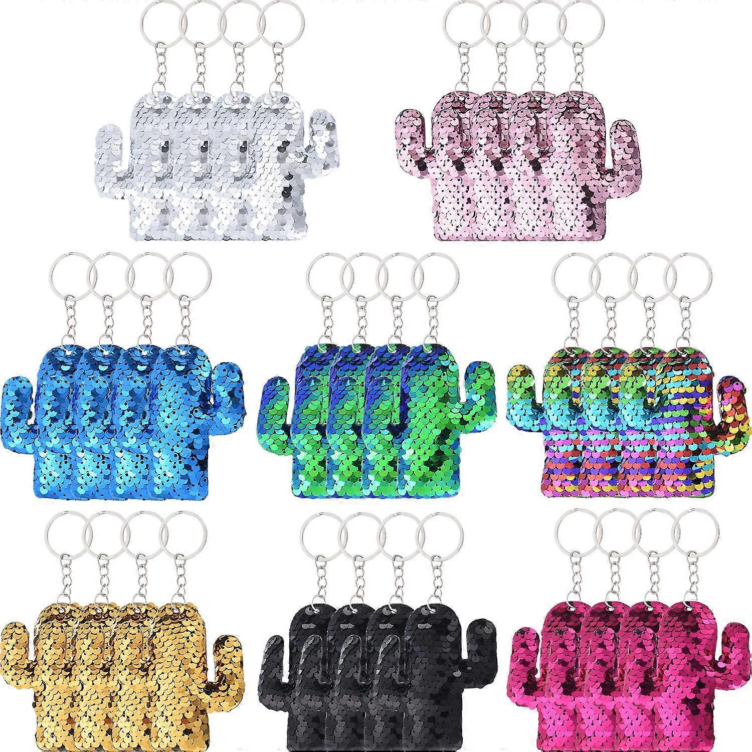 32 Pieces Flip Sequin Keychains Cactus Keychain Reversible Seuqin Key Ring Hanging Keychain Decoration for Hawaii Party Supplies, 8 Colors