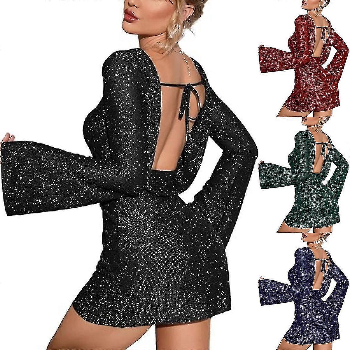 Women's Backless Flounce Sleeve Sparkling Mesh Mini Dress Chic And Glamorous