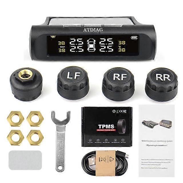 TPMS Wireless Tire Pressure Monitoring System Solar Power Clock LCD Display 4 External/Internal Sensor Tire Pressure Sensors