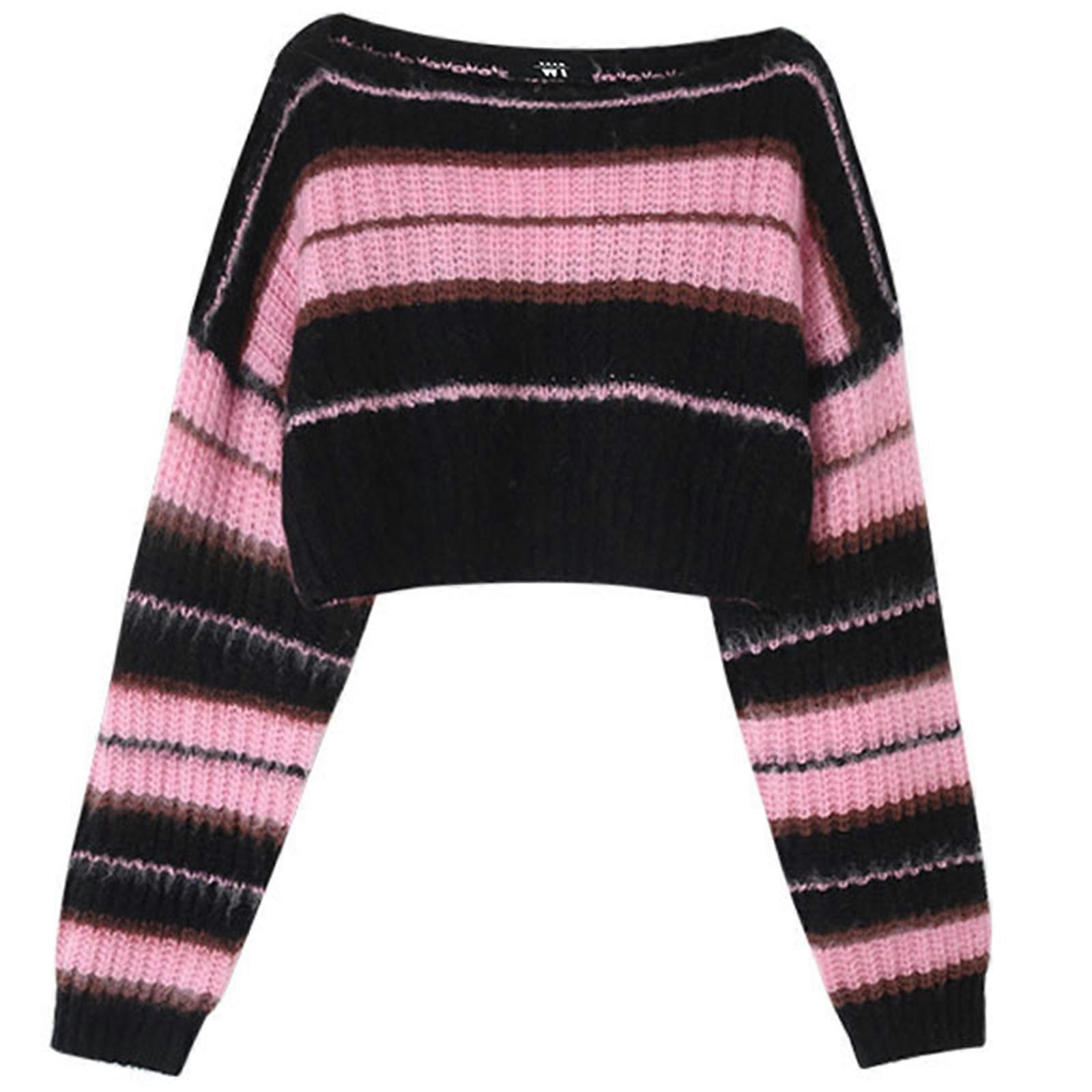Women's Knit Crop Sweater Black Pink Striped Pullovers Tops off