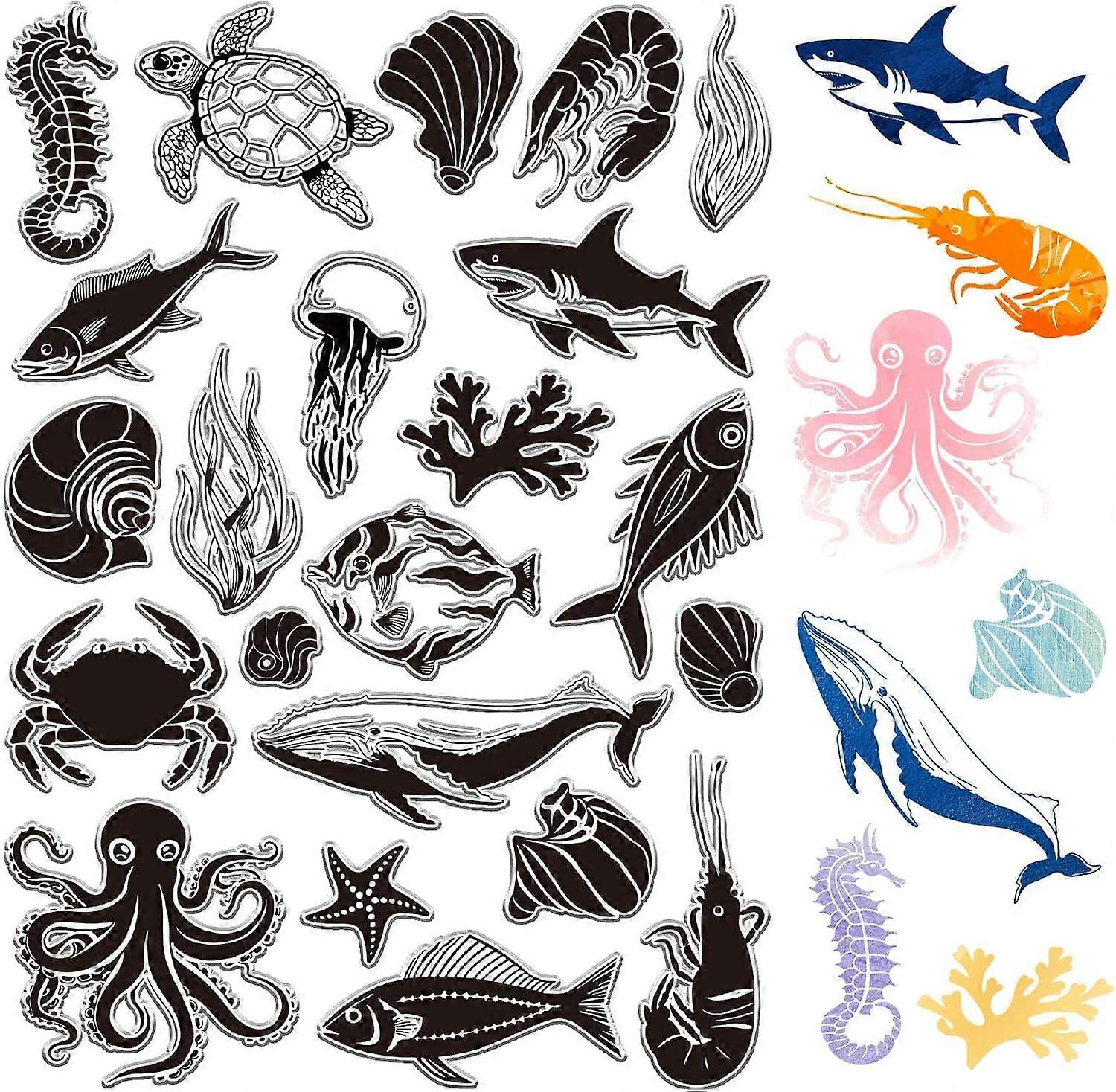 Sea Life Turtle Clear Rubber Stamp 11.7x8.3 inch Big Size Ocean Fish Shell Transparent Silicone Seals Stamp for Journaling Card Making DIY Scrapbookin