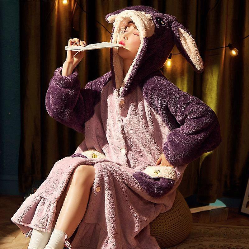 2022 Winter Pajamas For Women Cartoon Hooded Long Robe Jacket Cute Home Wear Sleepwear Kawaii Flannel Warm Comfy Lounge Bathrobe