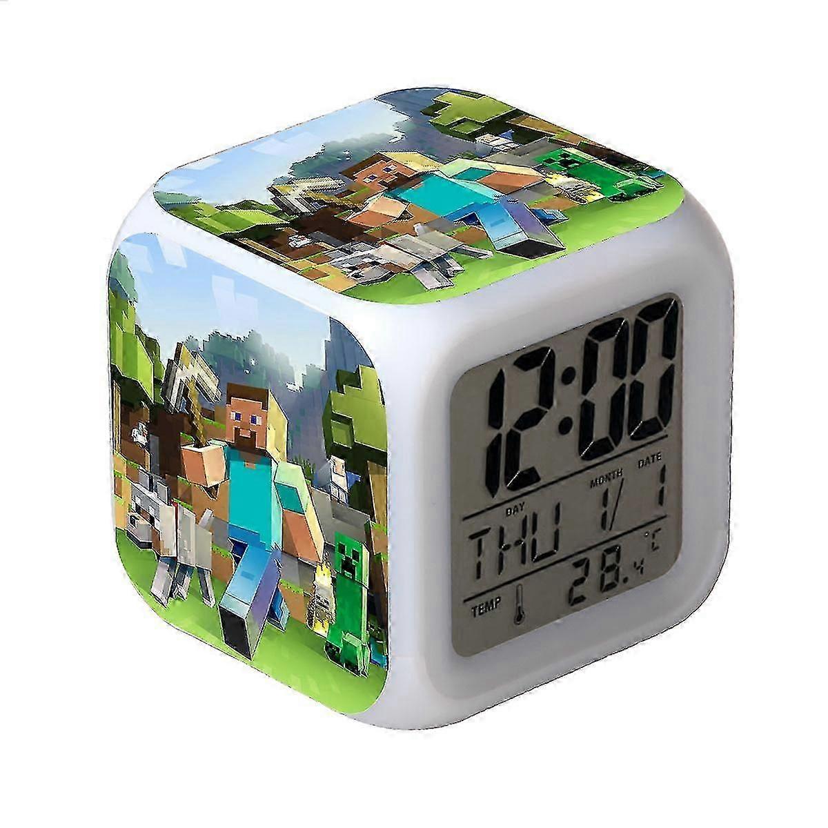 Minecraft Led Alarm Clock Color Changing-2-cute Multifunctional Digital Alarm Clock With Bright Led Lights And Minecraft Sticker, Good Gift For Your K
