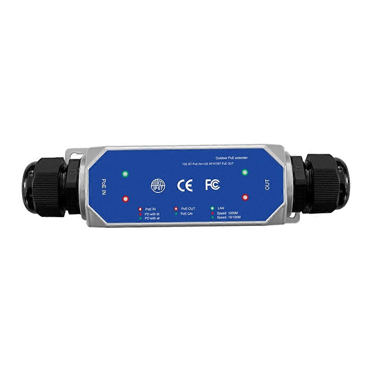 DC37-57V IP67 100M121 1 To1 Outdoor PoE Extender 1BT in 1BT Out Max 90w Waterproof Extender LED 1Gb
