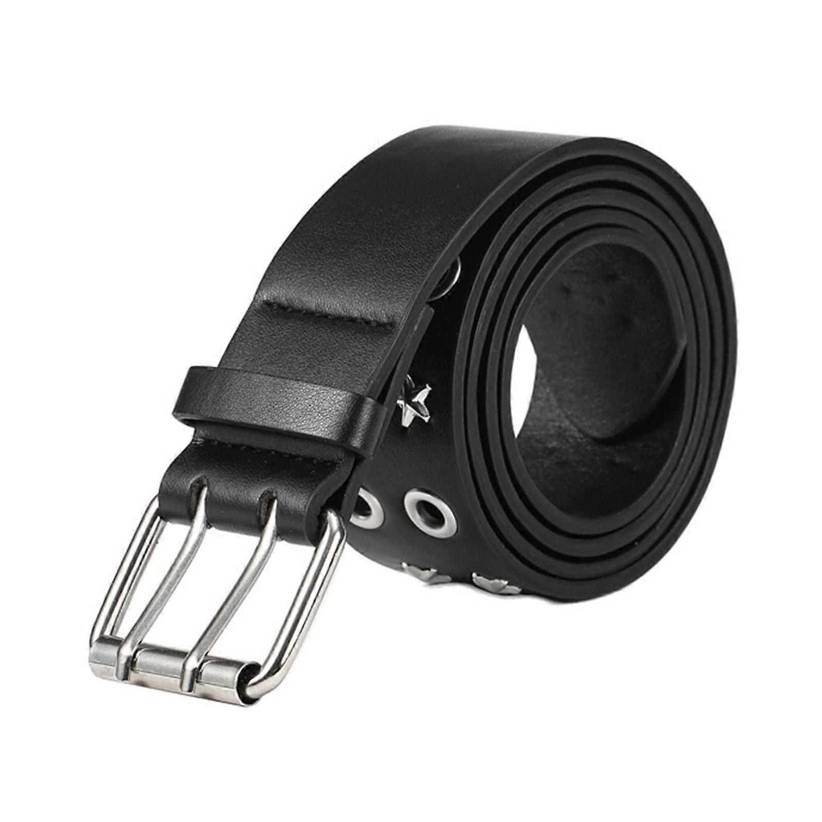 Ceinture adulte simple avec double rangée d’œillets en étoile Boucle de taille Ceintures en PU pour les fans de roche résistantes à l’usure