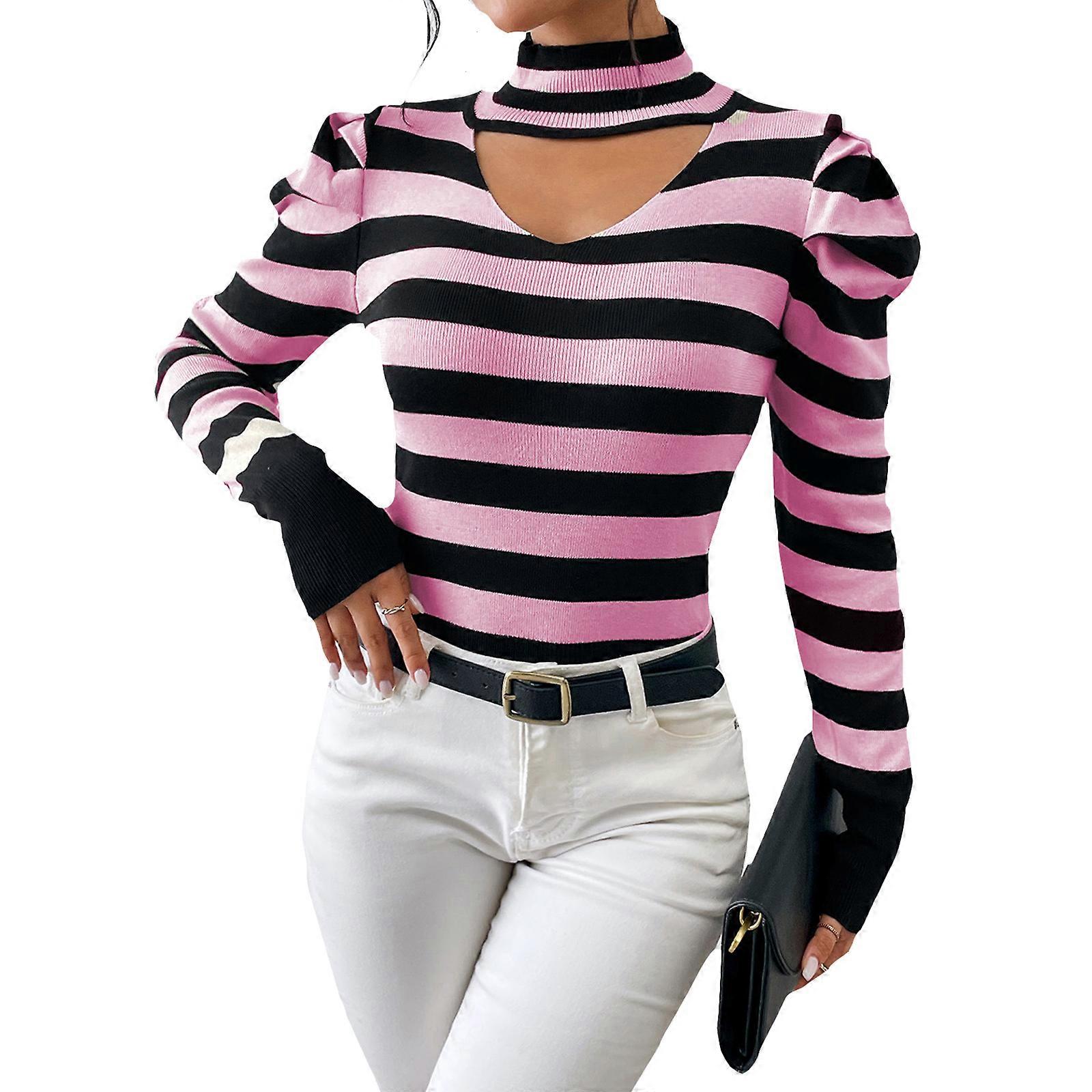 Femmes Puff À Manches Longues Col En V Pulls De Mode Doux Tricoté Décontracté Hiver Pull Pull Lâche Hauts Streetwear Rose L