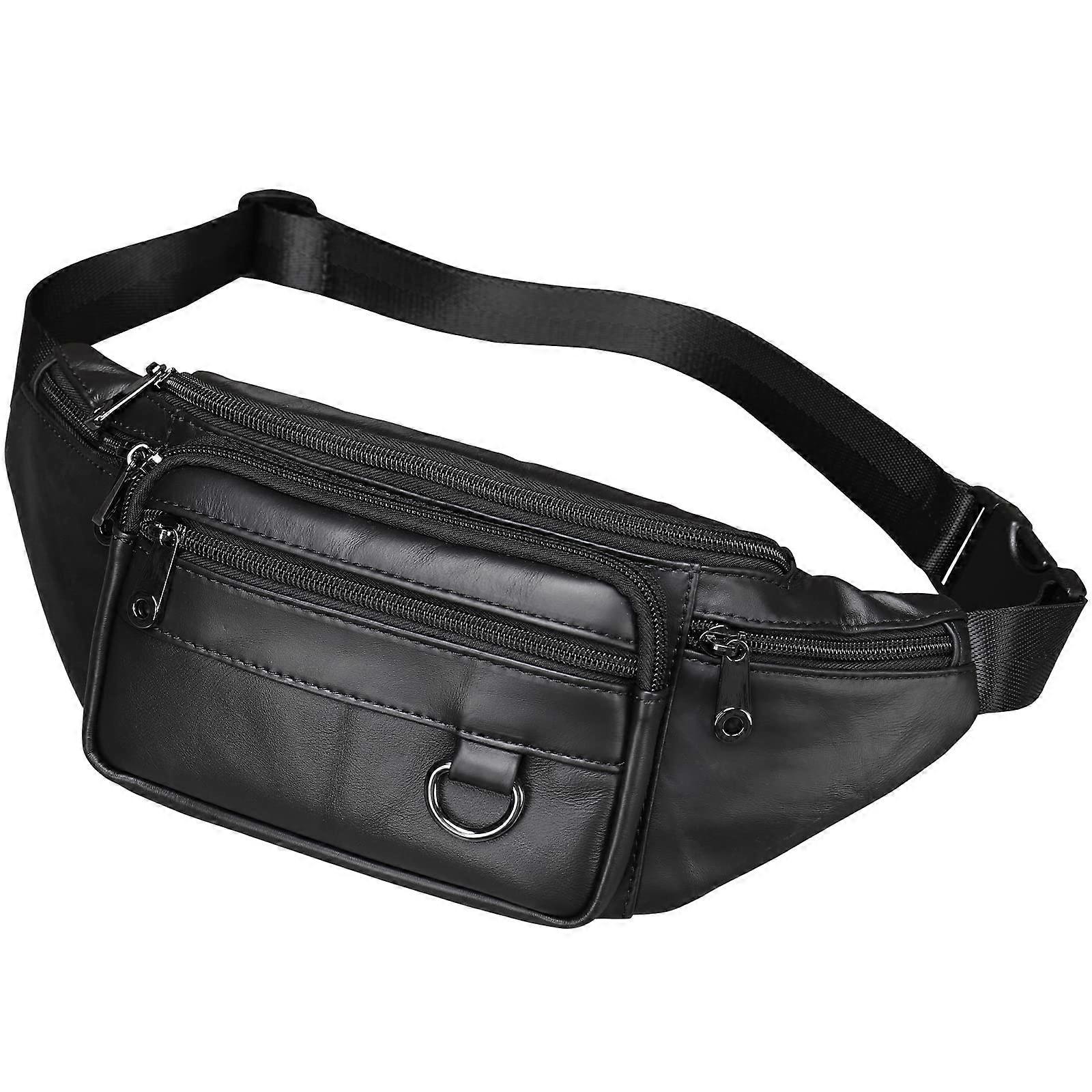 Genuine Leather Fanny Pack with Multiple Zipper Pockets - Durable Black Waist Bag for Travel and Everyday Use