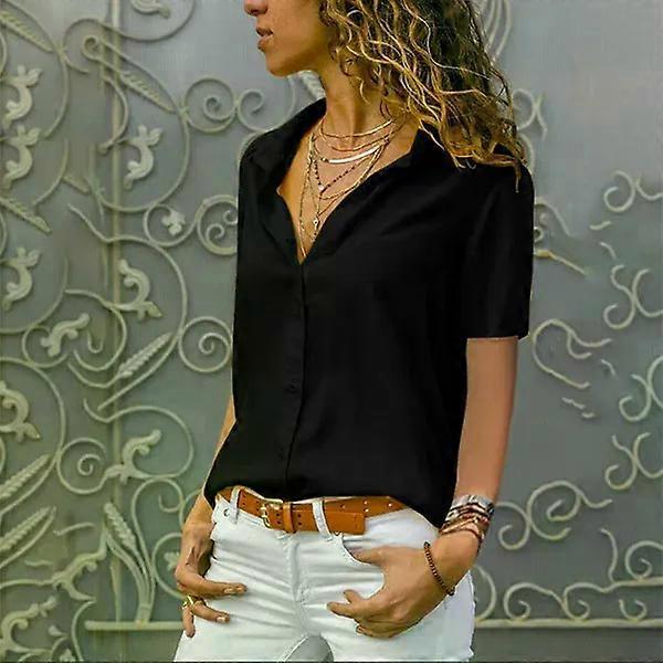 Women's Solid Color V-neck Button Short Sleeved Shirt Office Lady Red Solid Cardigan Blouse Tops Femme Blusas Camicie