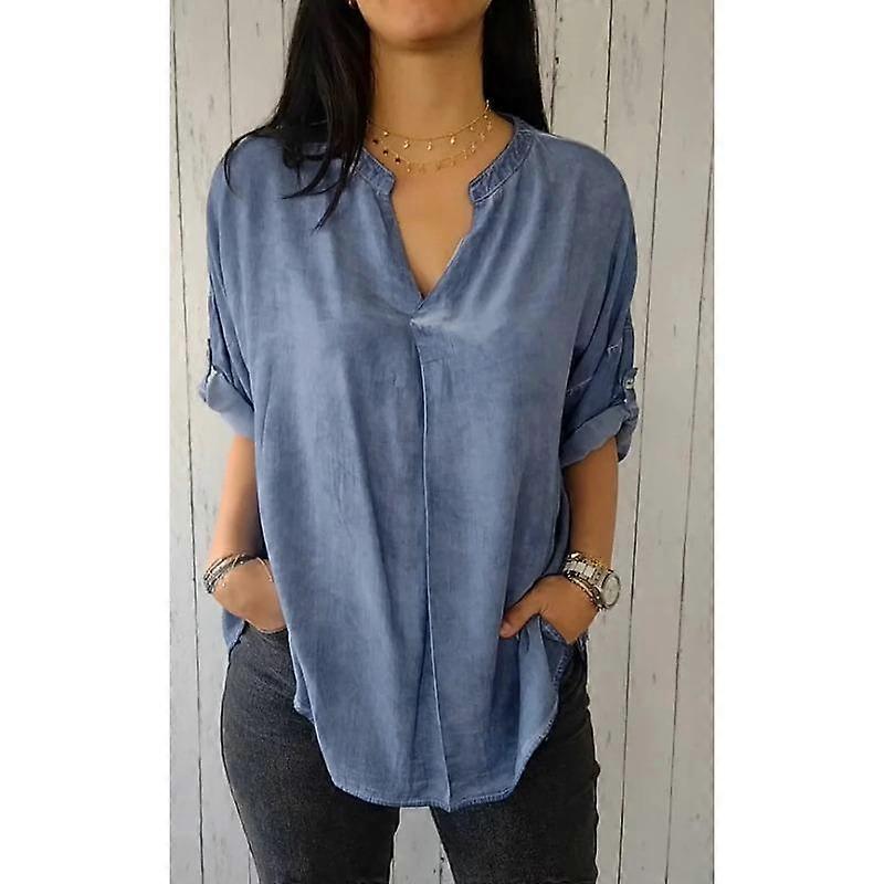 Women's Spring and Autumn Plus Size V-neck Solid Colour Shirt