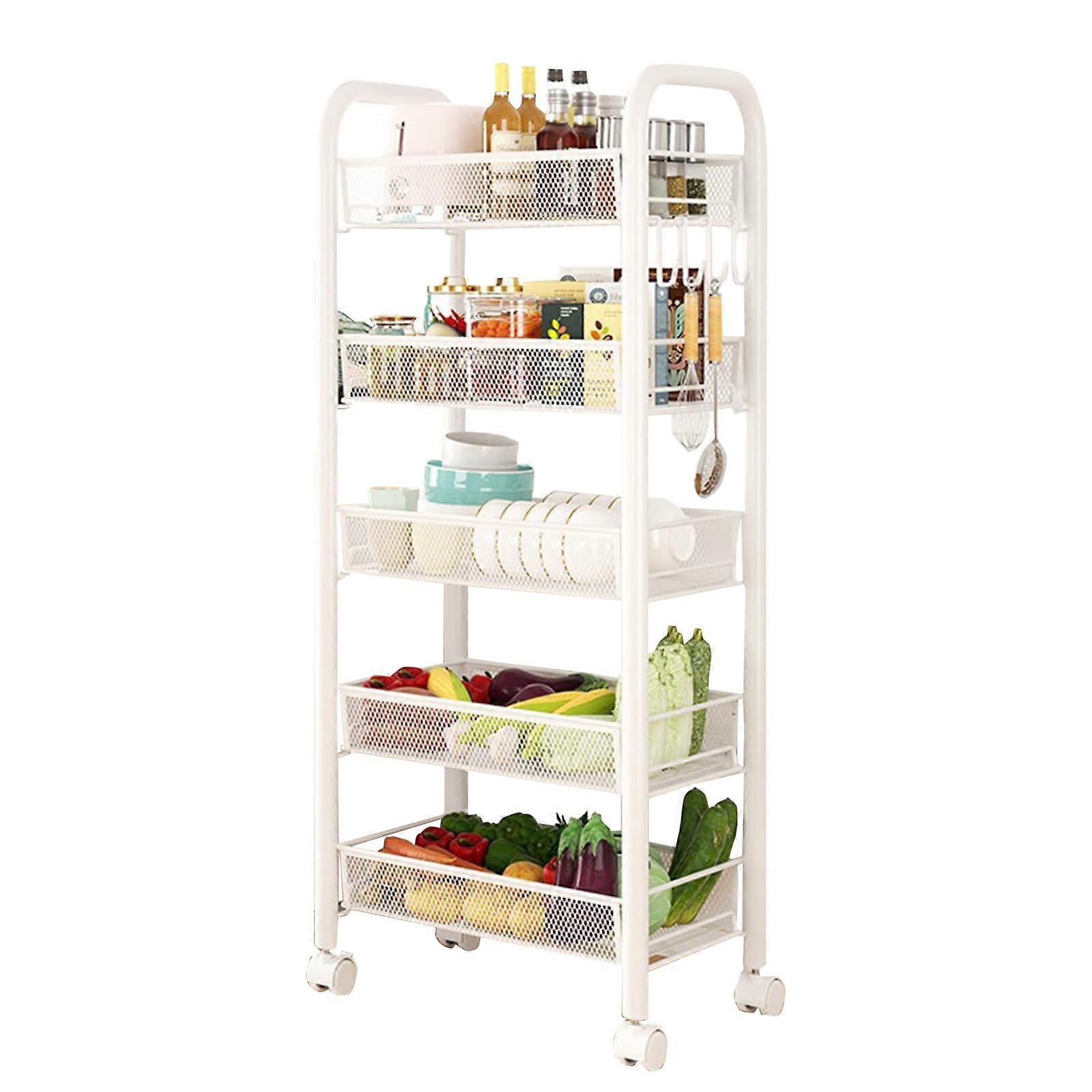 Storage Organiser, 5Tier Metal Rolling Cart with Mesh Basket, White, 44 x 26