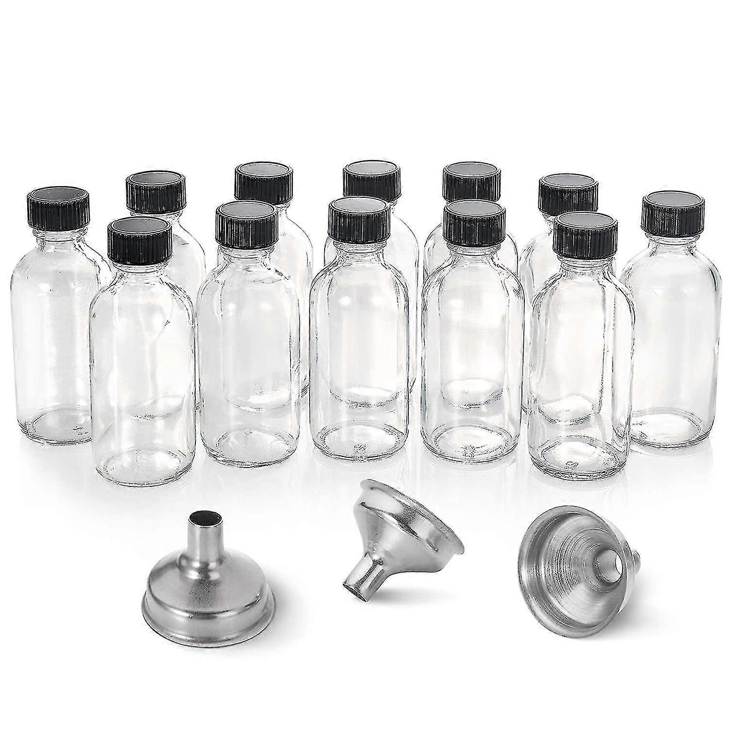 Small Clear Glass Bottles with Lids (60 ml) - Set of 12 with 3 Stainless Steel Funnels