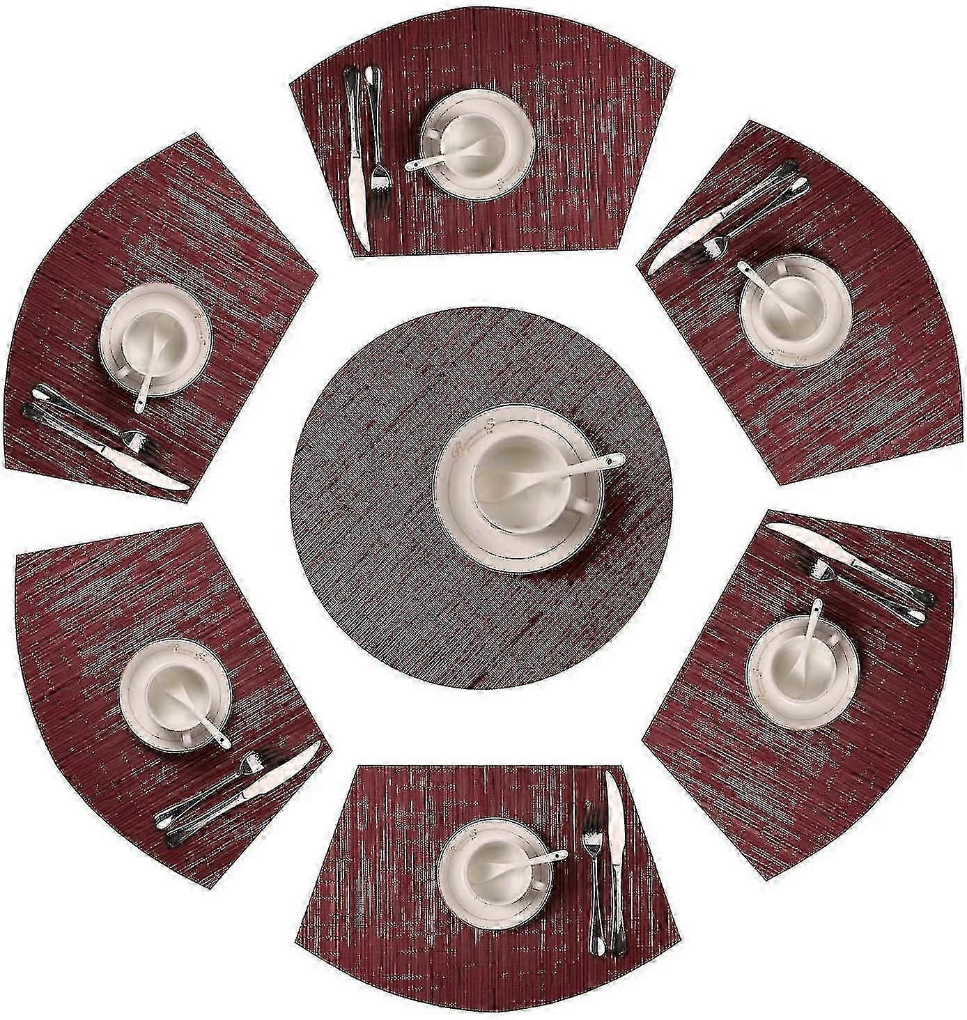 Set of 7 Round Table Placemats with Wedge Design and Centerpiece, Heat Resistant and Wipeable Table Mats in Burgundy Red Color