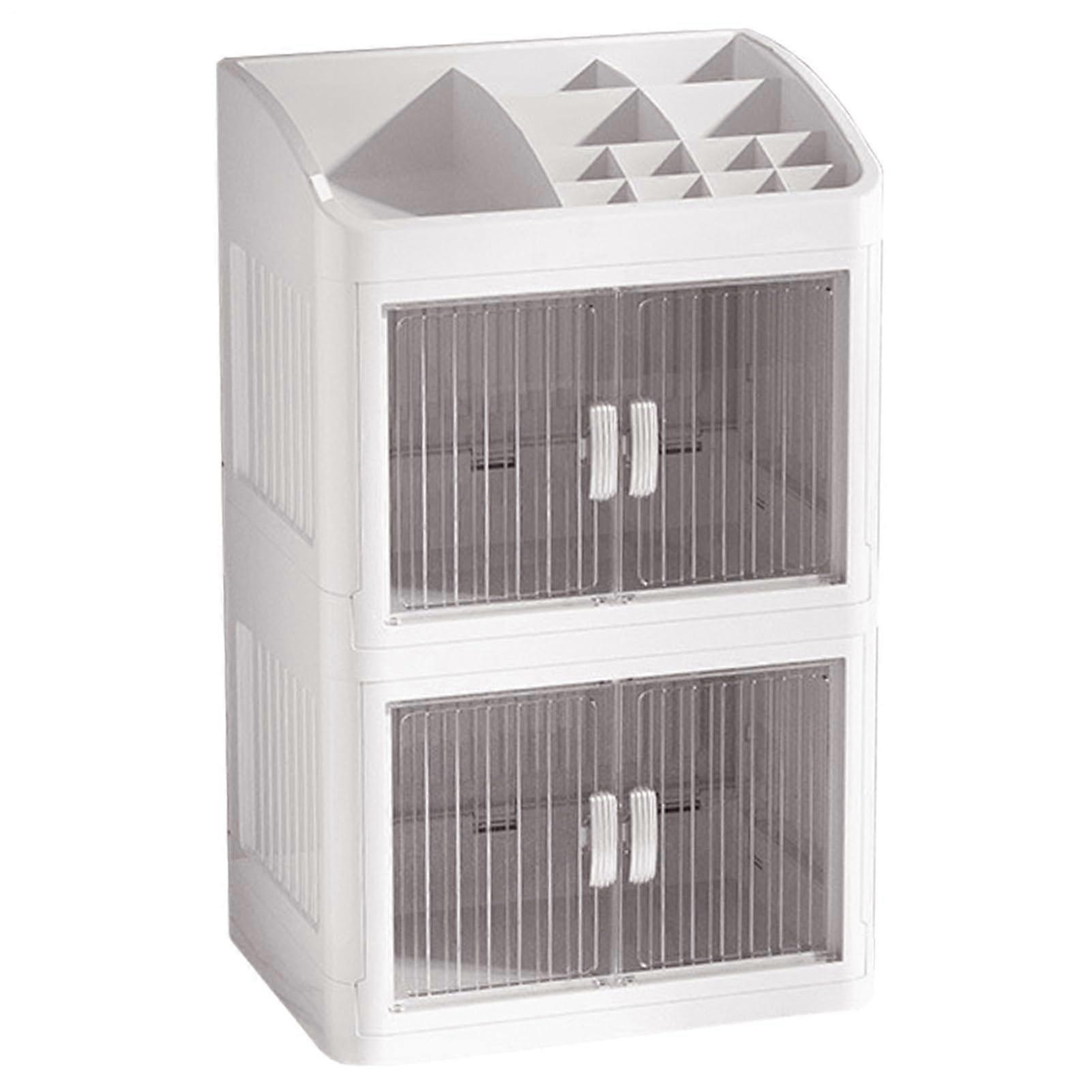 3Layer Dustproof Cosmetic Storage Box Large Capacity Makeup Organizer with Display for Desk Dresser (White)