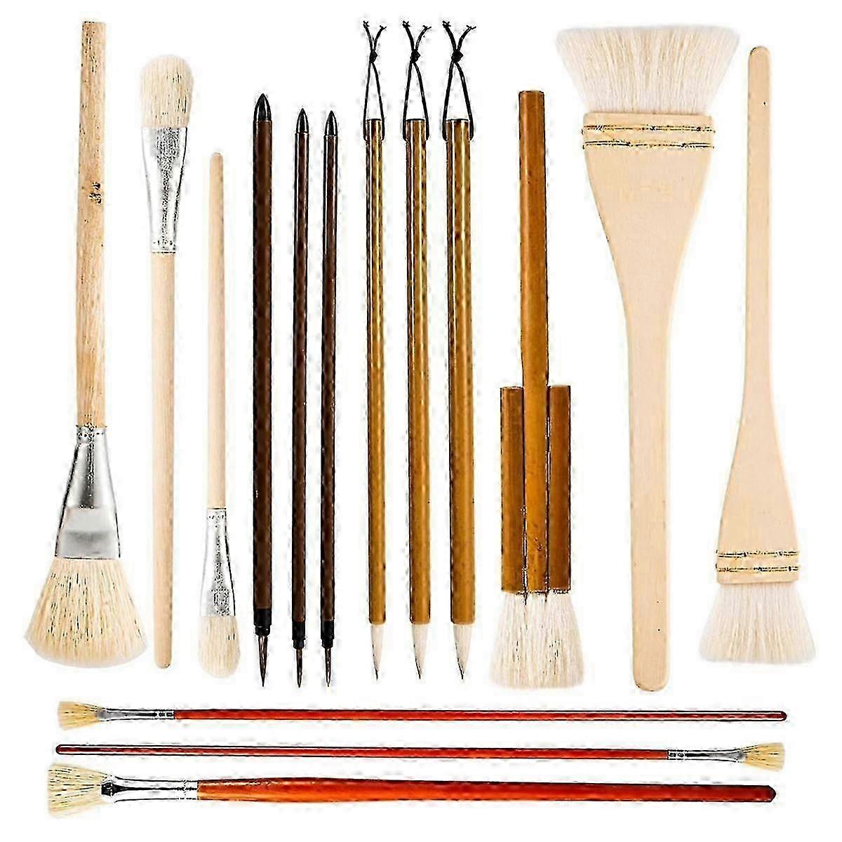 15Pcs Pottery Glaze Brushes, Wooden Long Handle Artist Fan for Acrylic Watercolor Pottery Oil Painting