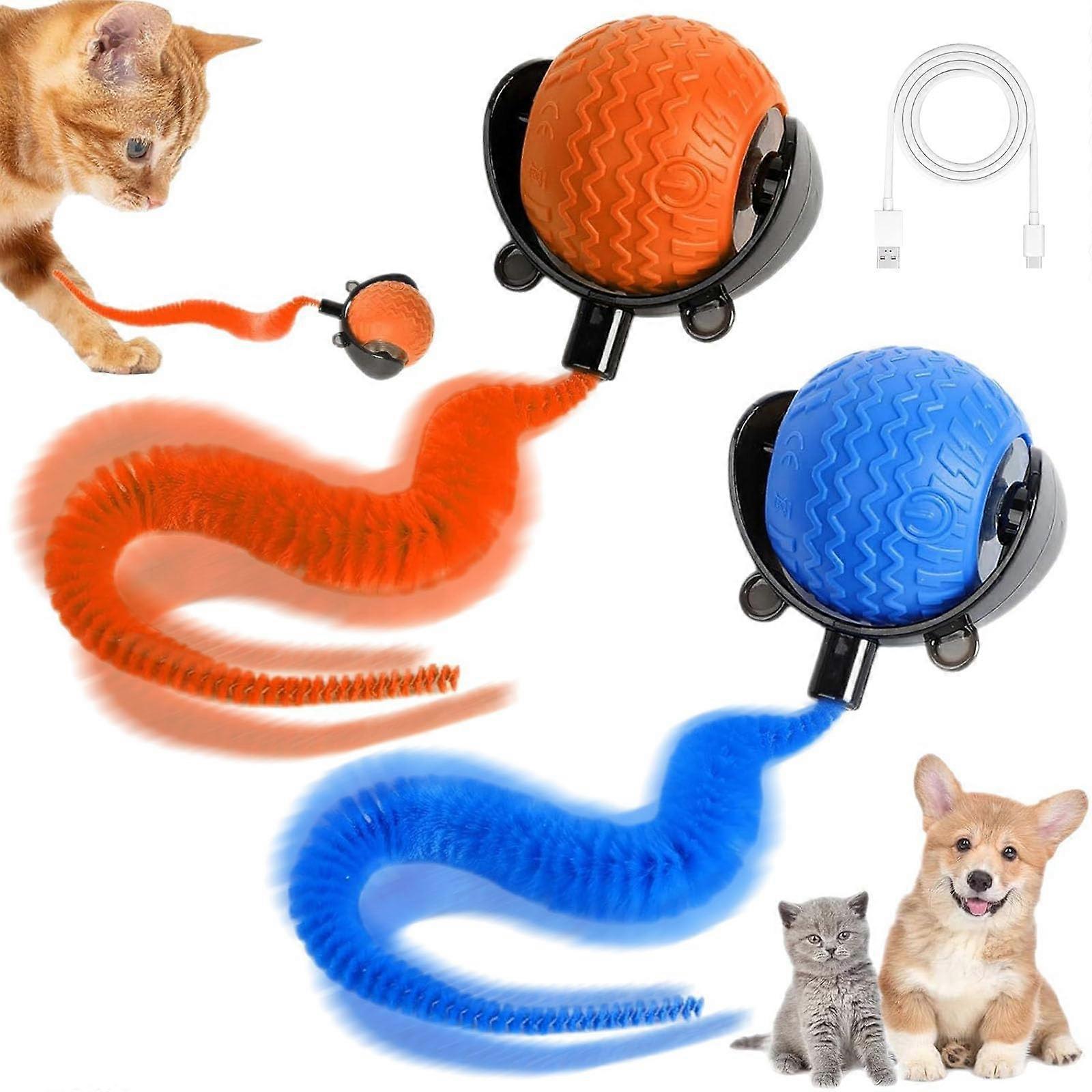 2 Pieces Cat Toy Ball, Interactive Cat Toy for Indoor Cats, Automatic Rolling Dog Ball, Interactive Dog Toy with Tail for Cats, Adults, Kittens, Dogs