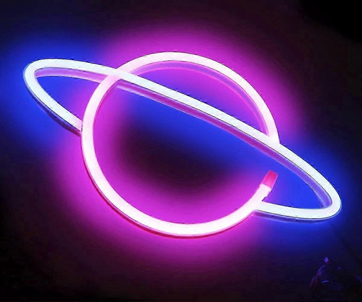 Placa de Parede LED Neon Planet - Decoração Iluminada Rosa e Azul com Tema Espacial