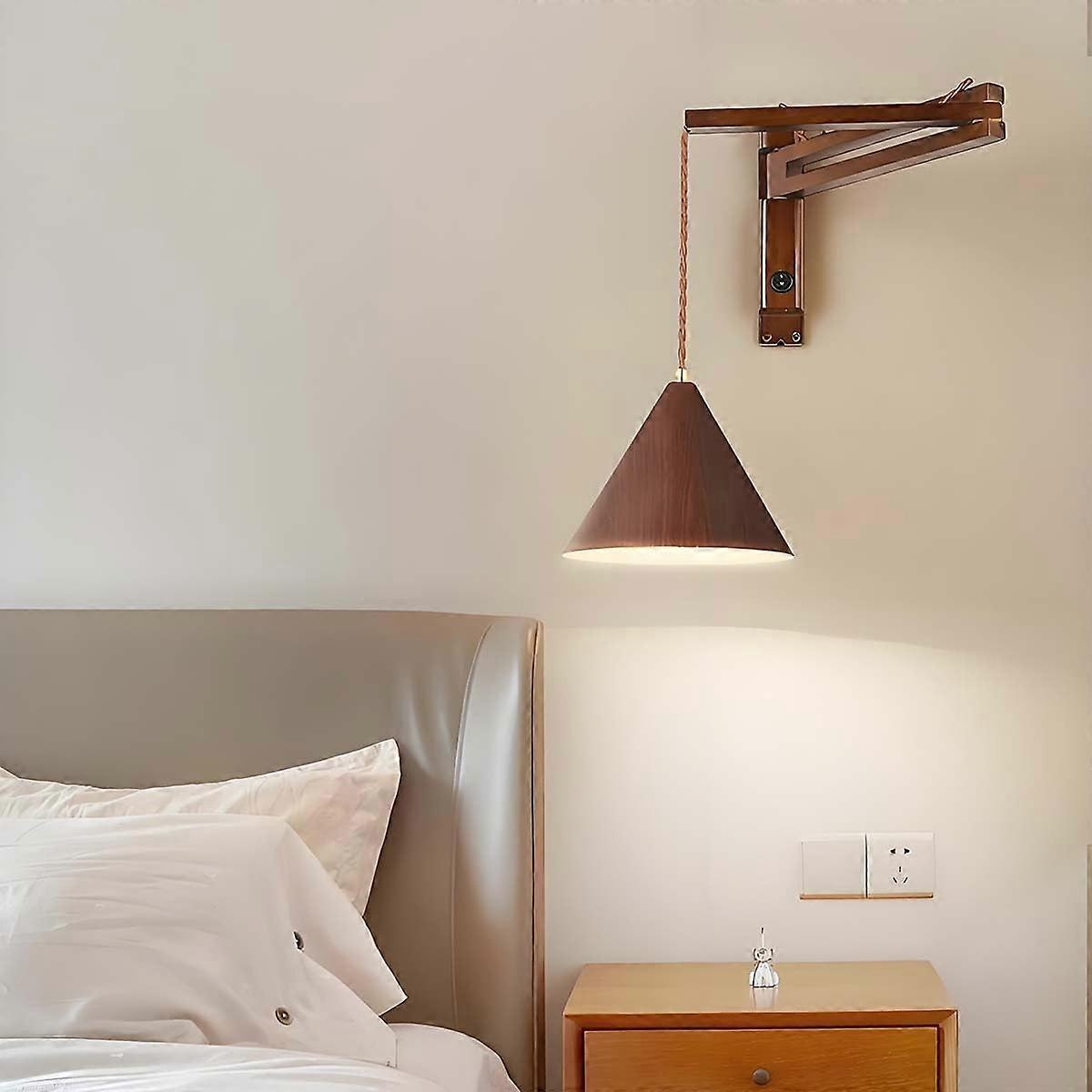 Wooden Wall Light Adjustable E27 Retro Wall Lamp with Switch, Rotatable Long Arm Reading Lamp for Bedroom Office Hotel