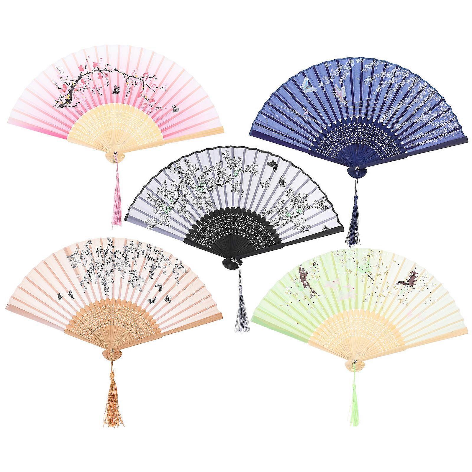 5pcs Elegant Folding Fan Vintage Bamboo Hand Fans Cloth Dance Props Summer Cooling Decorative Accessories for Photography Performance